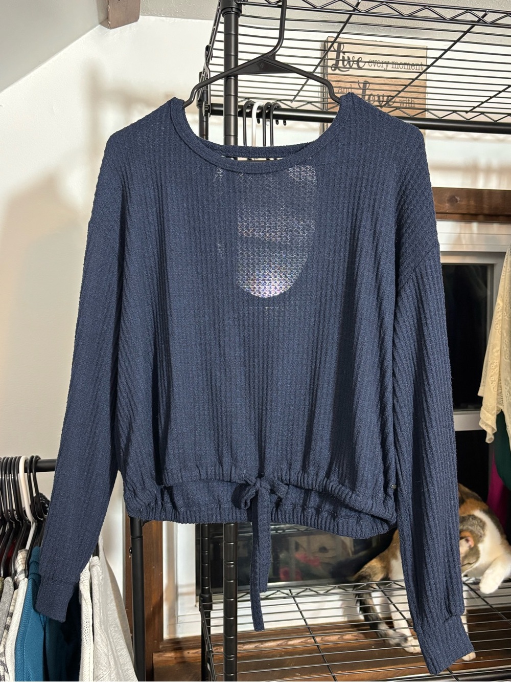 Hollister Navy Waffle Knit Drawstring Hem Long Sleeve Top